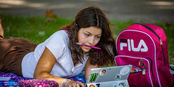 Student studying on the quad