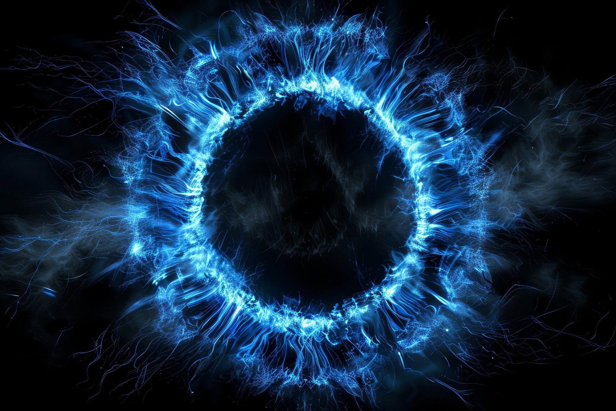 Powerful shockwave of energy with a burst and explosion of glowing particles. Dynamic waves and futuristic flow create a cosmic effect, capturing the essence of science, motion, and neon energy.
