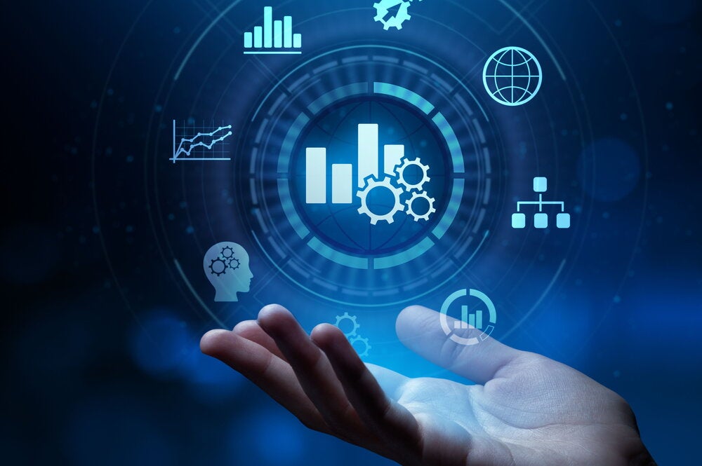 Data science icons on blue background