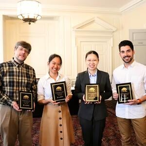 From left to right: Dr. Alexey Stepanov (Dept. of Statistics), Dr. Pinshane Huang (Dept. of Materials Science and Engineering), Dr. Xiaoli Guo (Dept. of Political Science) and Ander Beristain (Dept. of Spanish and Portuguese).