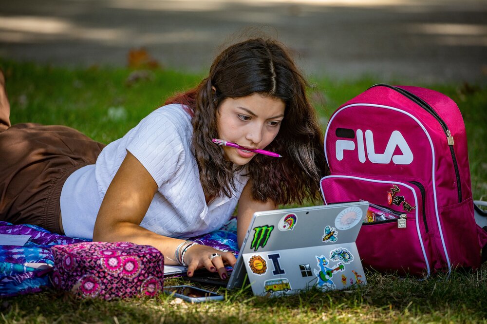 Student studying on the quad